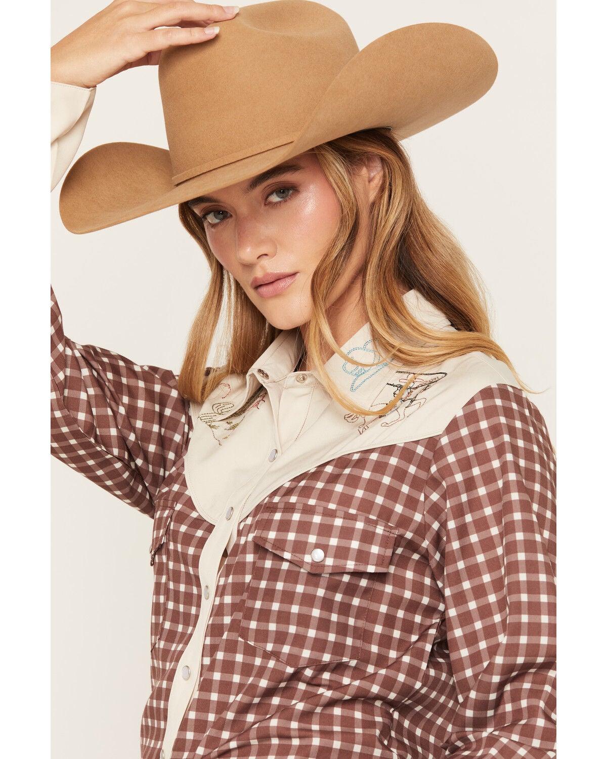 Image #2 - Howdy Hanny Women's Gingham Western Embroidered Long Sleeve Pearl Snap Western Shirt, Brown, hi-res
