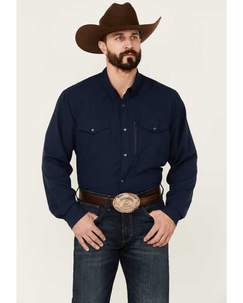 RANK 45® Men's Roughie Performance Long Sleeve Snap Solid Western Shirt , Navy, hi-res
