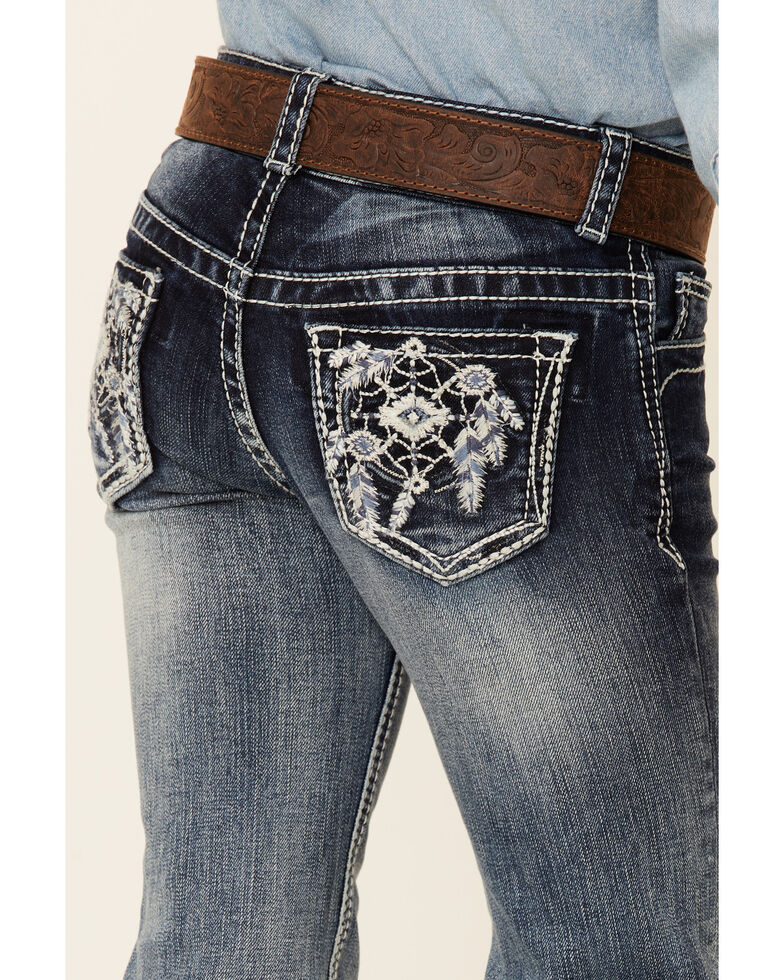 Grace In LA Girls' Medium Wash Embroidered Southwestern Dreamcatcher Pocket Bootcut Jeans , Blue, hi-res