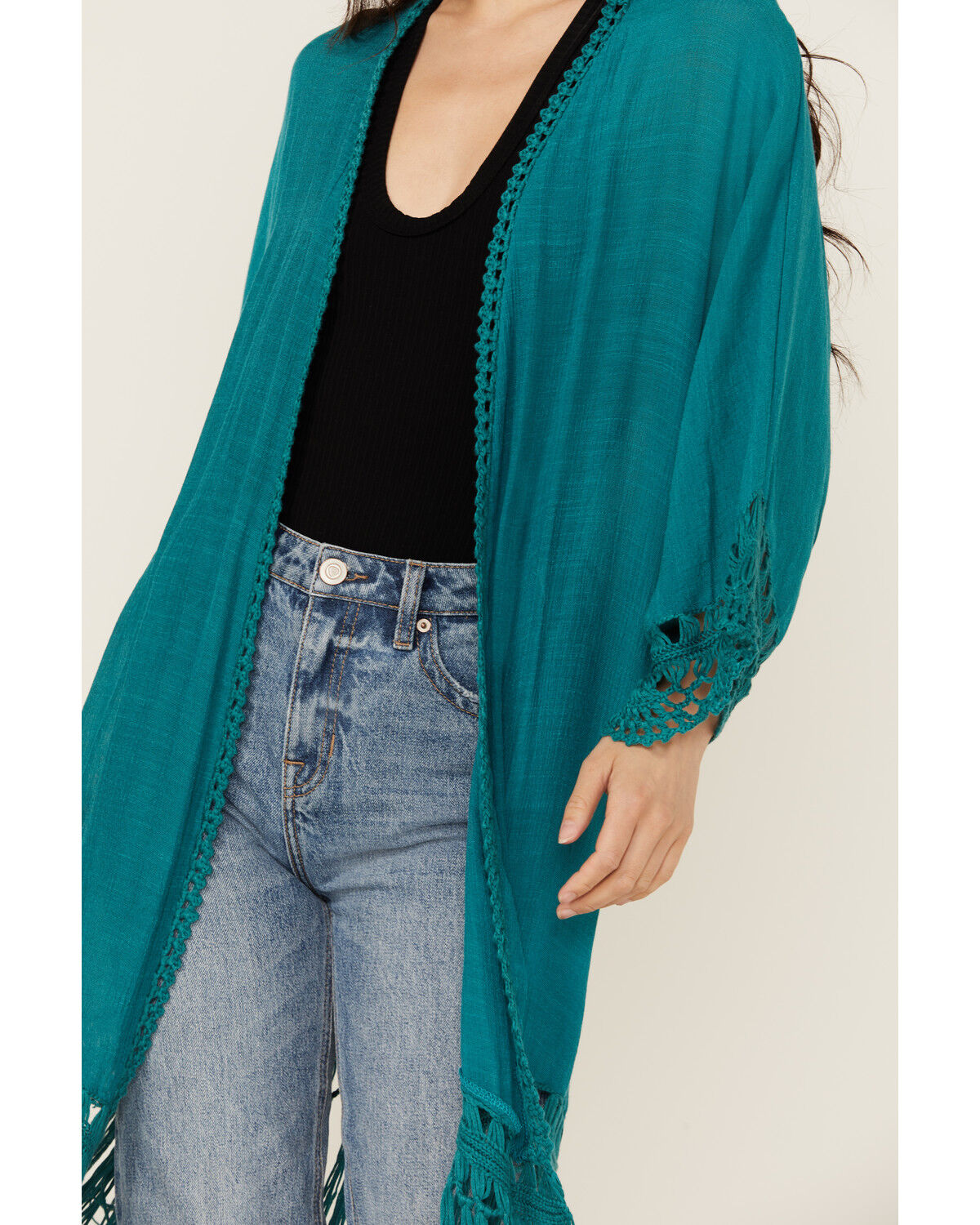 Image #3 - Shyanne Women's Crochet Fringe Kimono, Medium Blue, hi-res