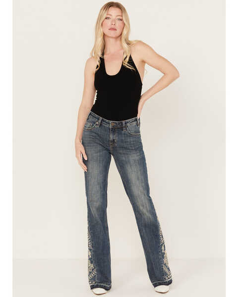 Image #1 - Rock & Roll Denim Women's Medium Wash Mid Rise Southwestern Print Trouser Jeans, Medium Wash, hi-res
