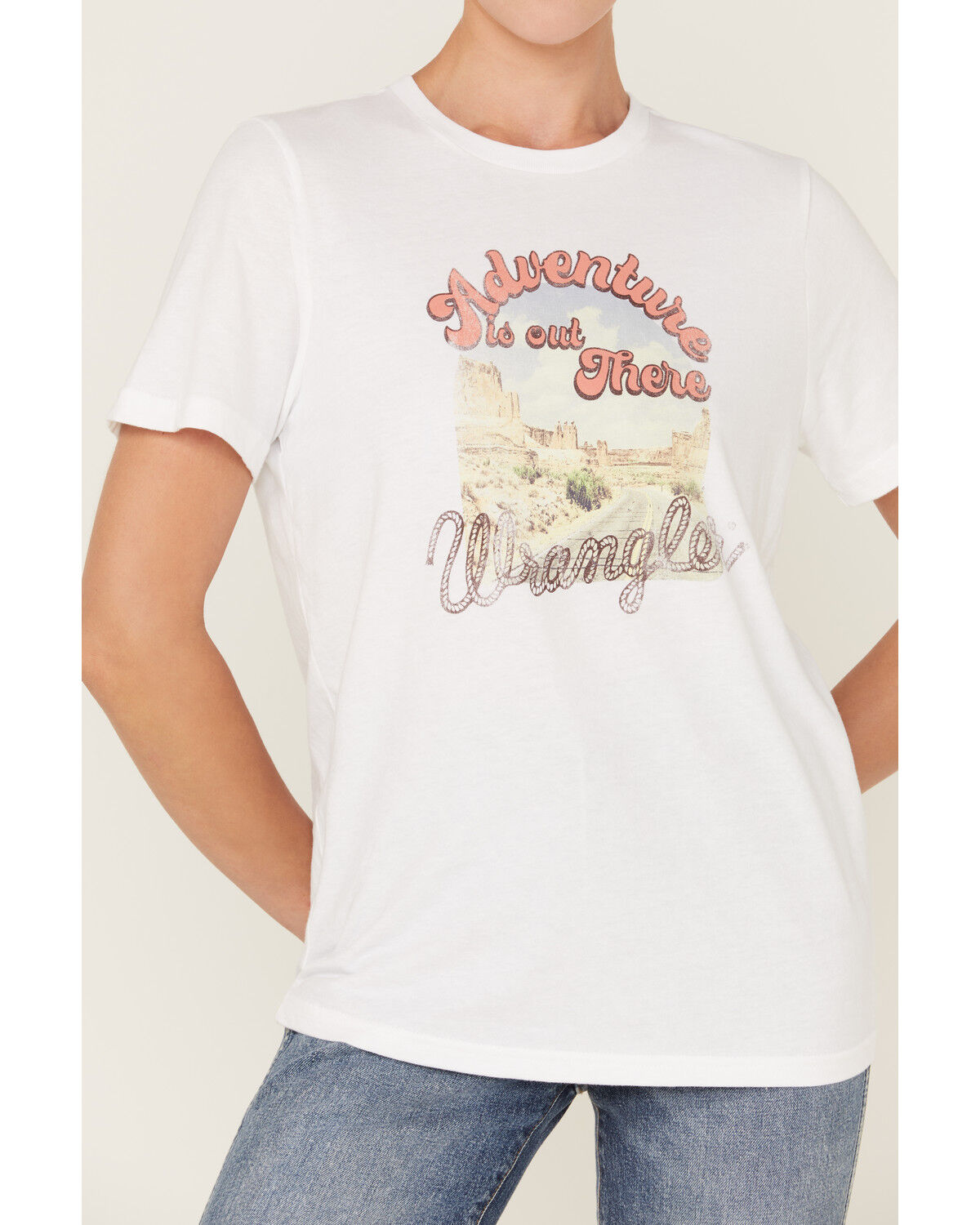 Image #3 - Wrangler Women's Boot Barn Exclusive Adventure Is Out There Short Sleeve Graphic Tee, Teal, hi-res