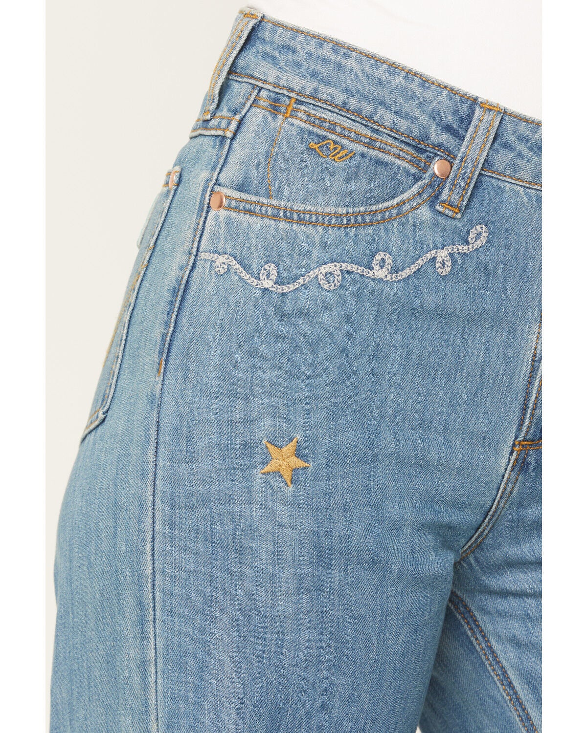 Image #2 - Wrangler X Lainey Wilson Women's Medium Wash High Rise Embroidered Cheeky Wide Leg Denim Jeans, Medium Wash, hi-res