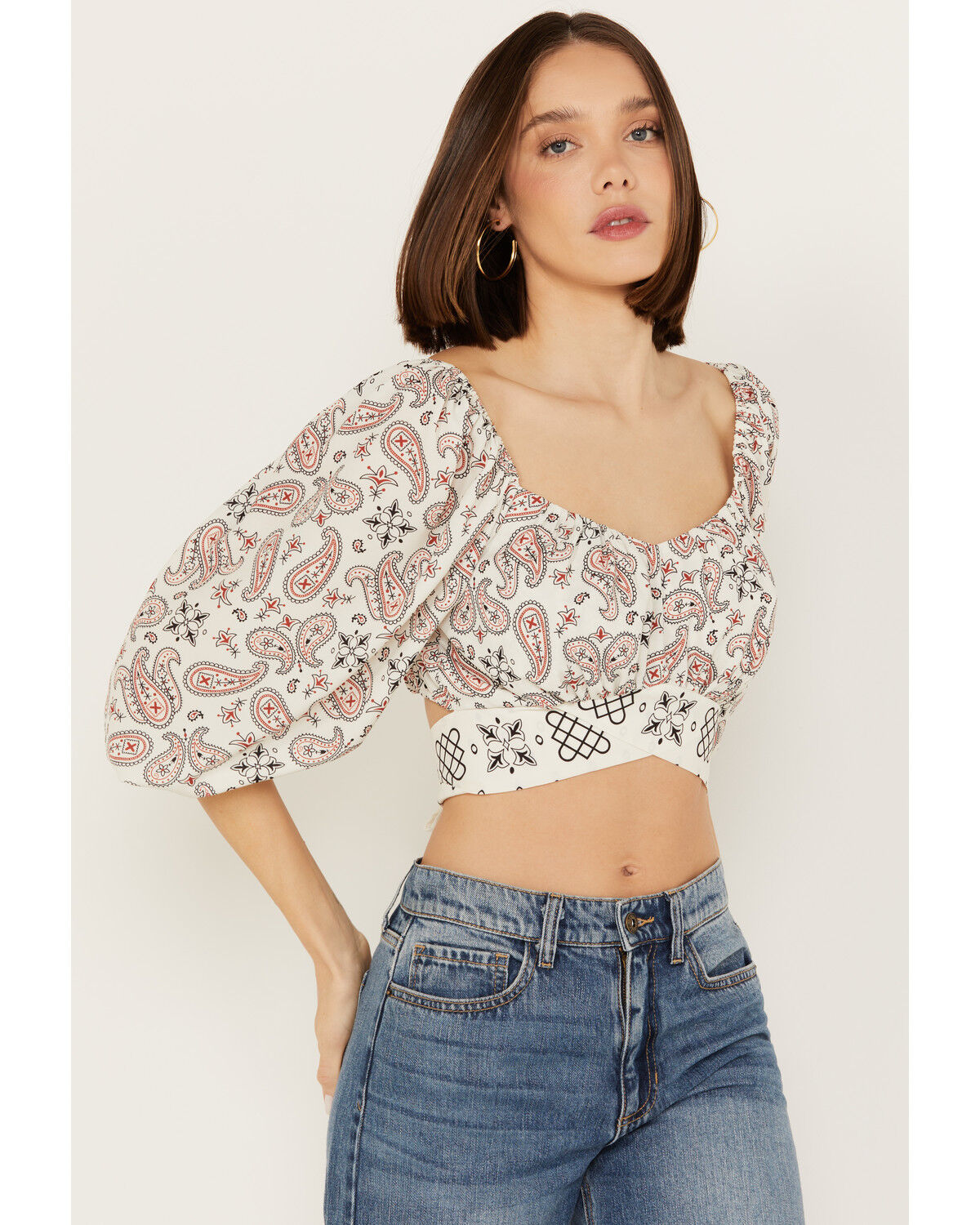 Image #1 - Beyond The Radar Women's Bandana Print Tie Back Top, Ivory, hi-res
