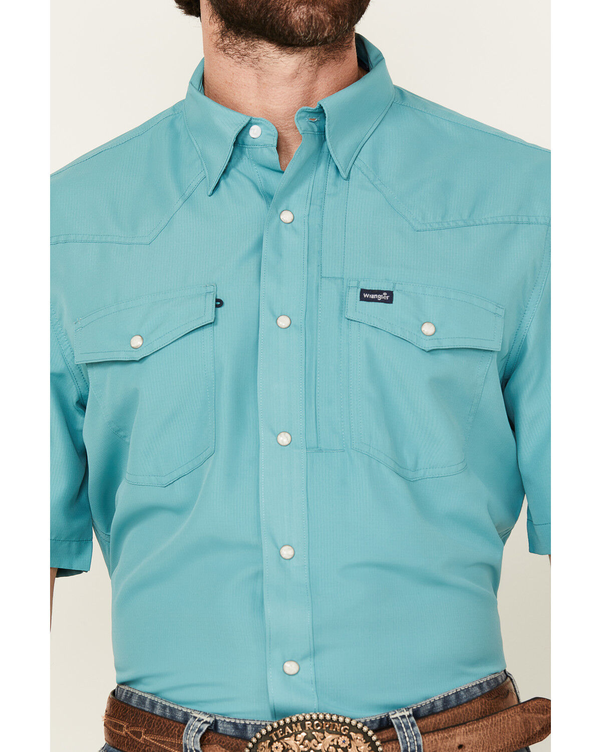 Image #3 - Wrangler Men's Solid Short Sleeve Snap Performance Western Shirt, Turquoise, hi-res