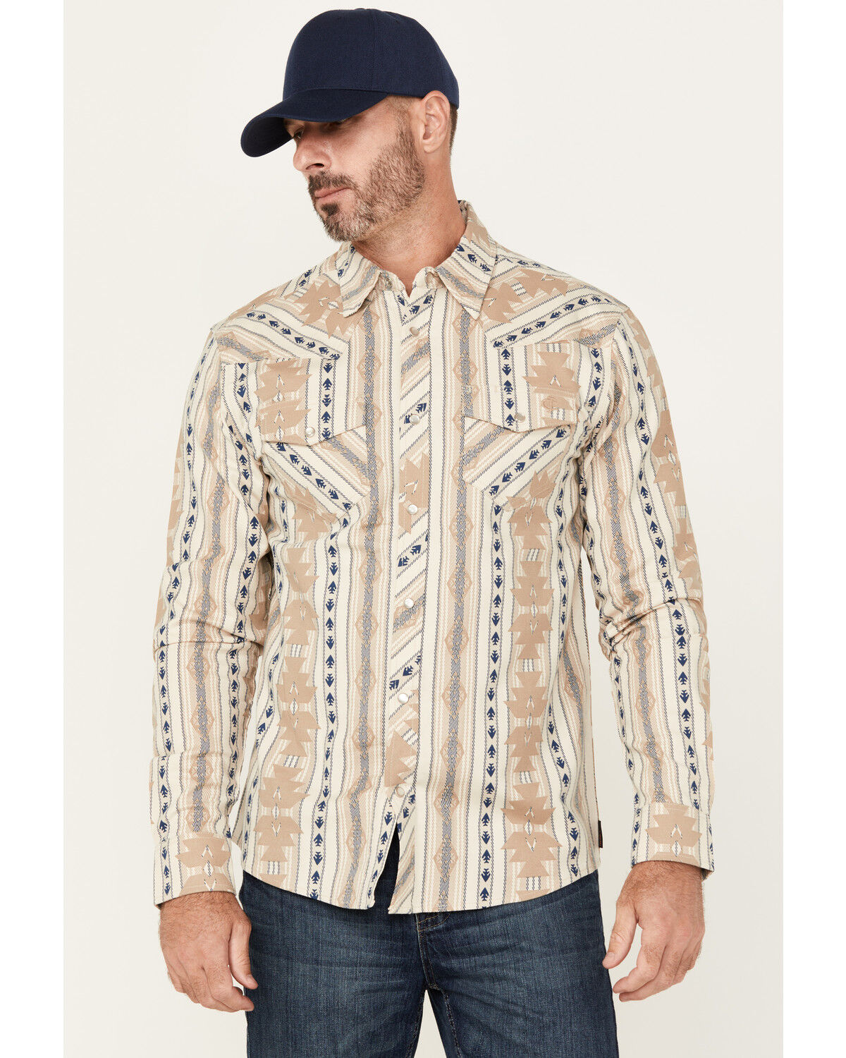 Image #1 - Cody James Men's FR Sedona Southwestern Striped Long Sleeve Pearl Snap Western Work Shirt, Khaki, hi-res