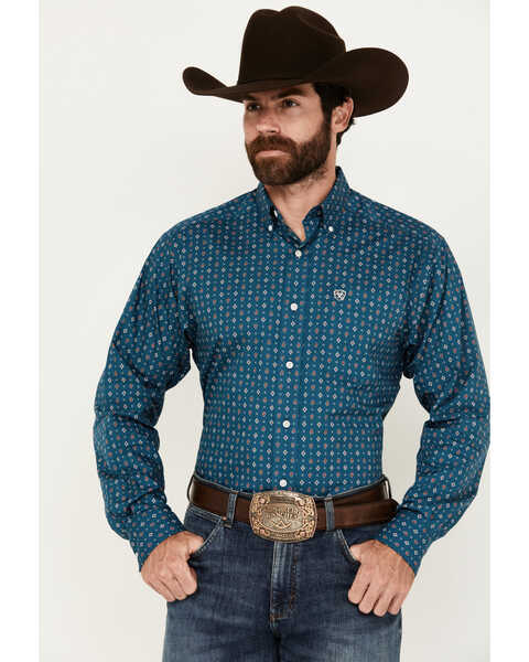 Image #1 - Ariat Men's Garrick Wrinkle Free Southwestern Paisley Print Long Sleeve Button-Down Shirt, Blue, hi-res