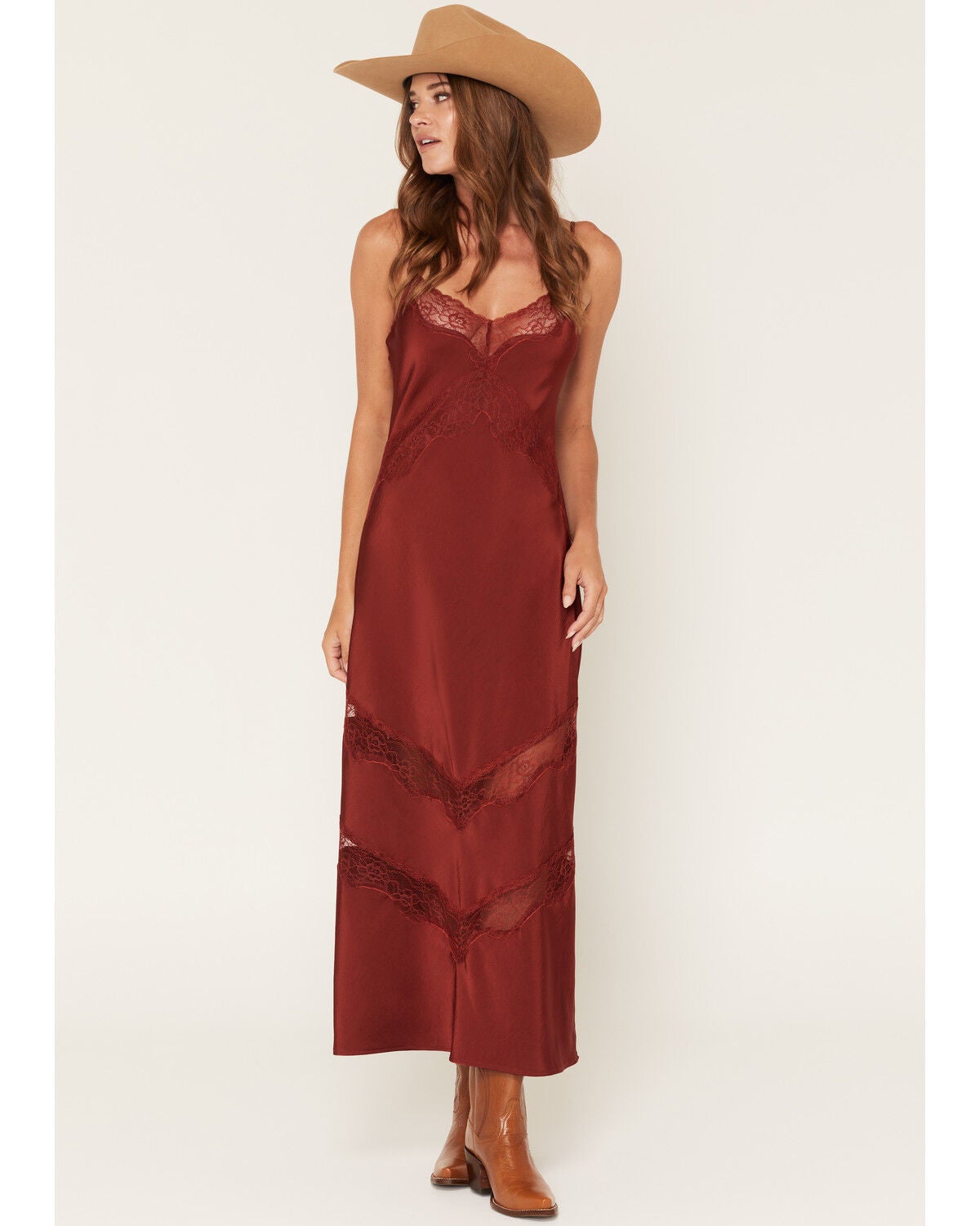 Z Supply Women's Solid Satin Lace Trim Sleeveless Maxi Dress, Red, hi-res