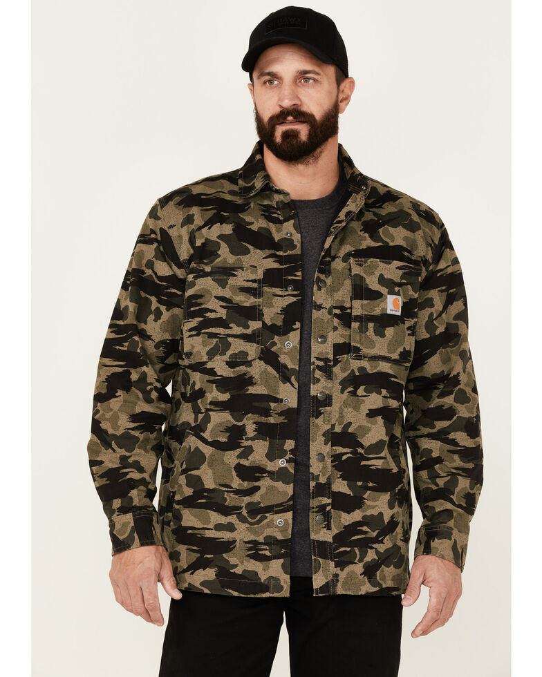Carhartt Men's Blind Duck Camo Print Rugged Flex Fleece Snap-Front Shirt Jacket , Green, hi-res
