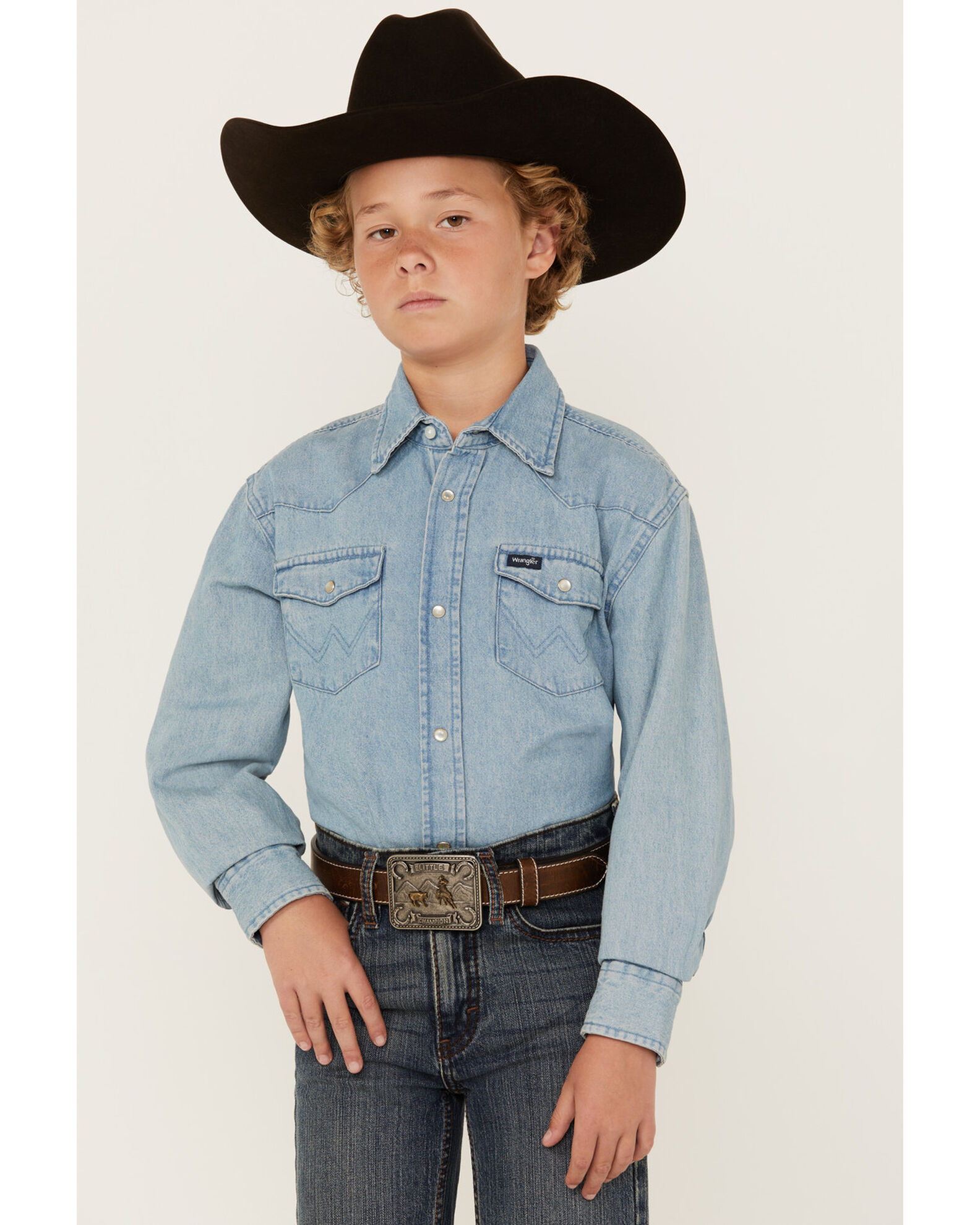 Image #2 - Wrangler Boys' Denim Long Sleeve Snap Western Shirt, Stonewash, hi-res