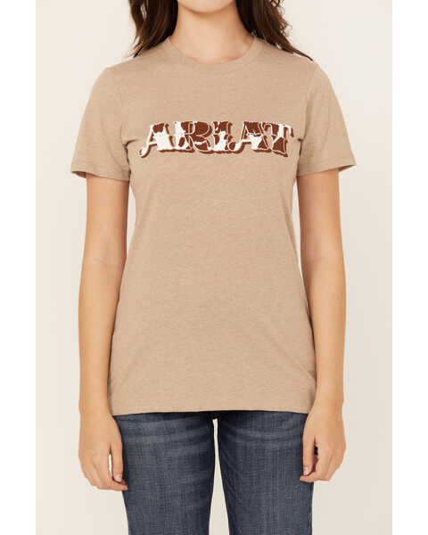 Image #3 - Ariat Women's Boot Barn Exclusive Cow Print Logo Short Sleeve Graphic Tee, Oatmeal, hi-res