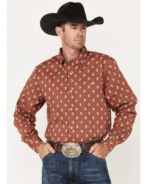 Image #1 - RANK 45® Men's Caballo Geo Print Long Sleeve Button-Down Western Shirt , Light Red, hi-res