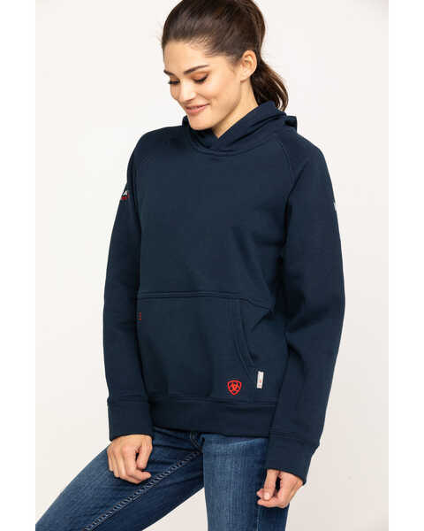 Image #5 - Ariat Women's FR Primo Fleece Logo Hooded Sweatshirt , Navy, hi-res
