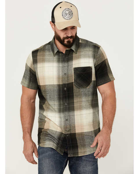Brothers and Sons Men's Tooele Plaid Print Short Sleeve Button Down Western Shirt , Dark Grey, hi-res