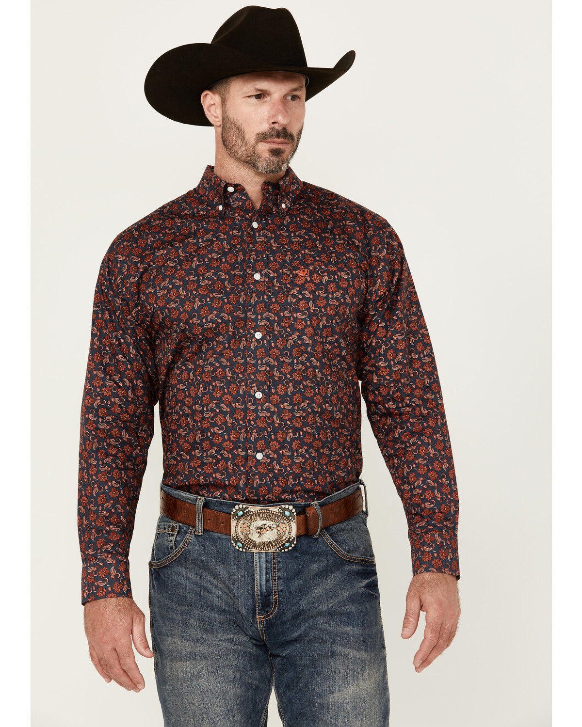Image #1 - Ariat Men's Wrinkle Free Iman Paisley Print Long Sleeve Button-Down Western Shirt - Big, Navy, hi-res