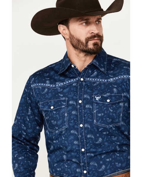 Image #3 - Cowboy Hardware Men's Roman Paisley Print Long Sleeve Western Pearl Snap Shirt, Navy, hi-res