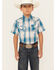 Ely Walker Boys' Textured Dobby Plaid Print Short Sleeve Pearl Snap Western Shirt, Teal, hi-res