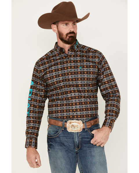 Image #1 - Ariat Men's Team Cashton Southwestern Print Long Sleeve Button Down Shirt, Black, hi-res