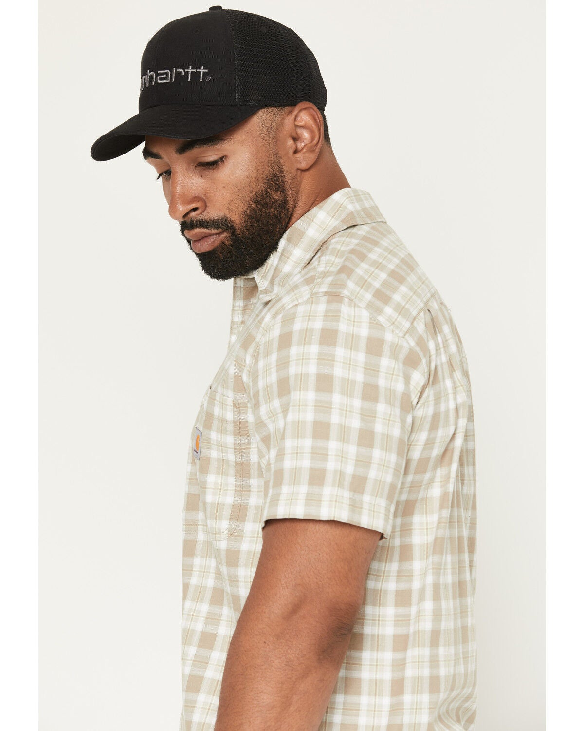 Image #2 - Carhartt Men's Bozeman Rugged Flex&reg; Relaxed Fit Plaid Print Short Sleeve Button-Down Work Shirt, Stone, hi-res