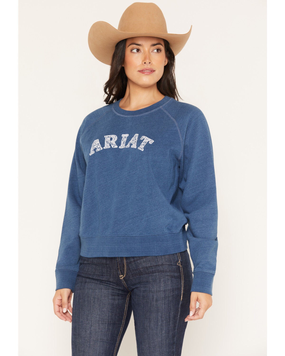 Image #1 - Ariat Women's Boot Barn Exclusive Logo Lace Crewneck, Blue, hi-res