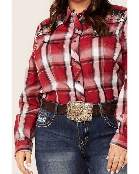 Roper Women's Plaid Print Bull Embroidered Yoke Long Sleeve Snap Western Core Shirt - Plus, Red, hi-res