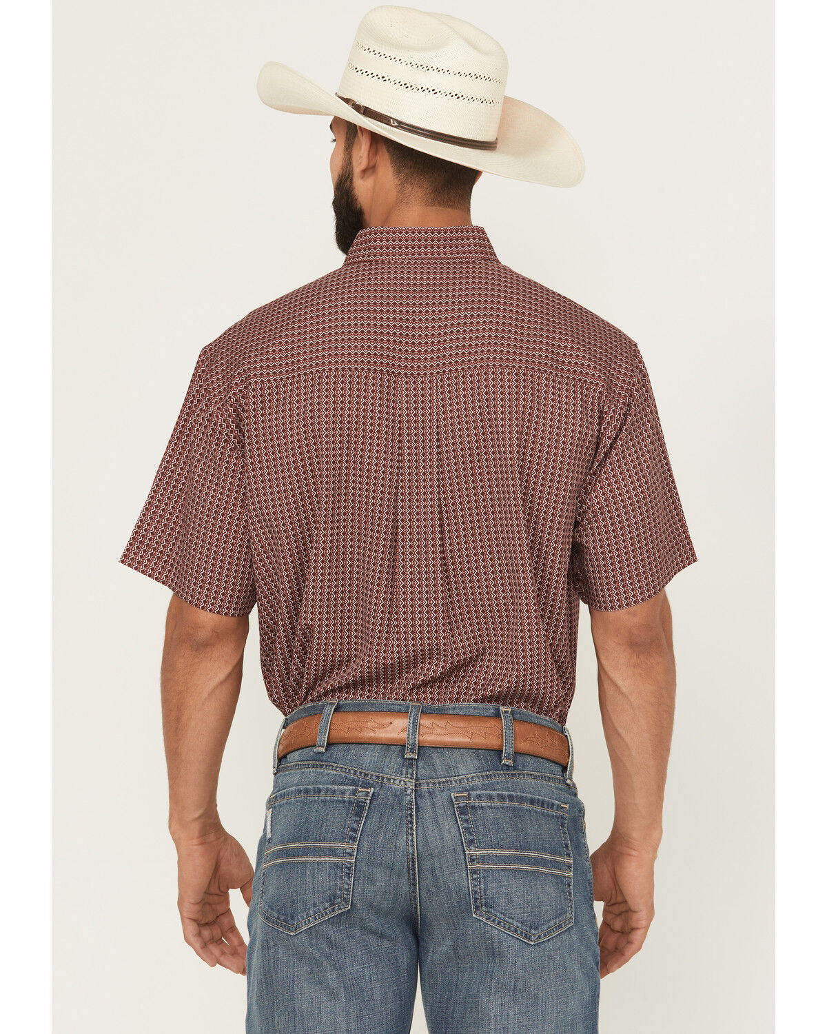 Image #4 - Cinch Men's Geo Print Short Sleeve Button-Down Performance Stretch Western Shirt, Burgundy, hi-res