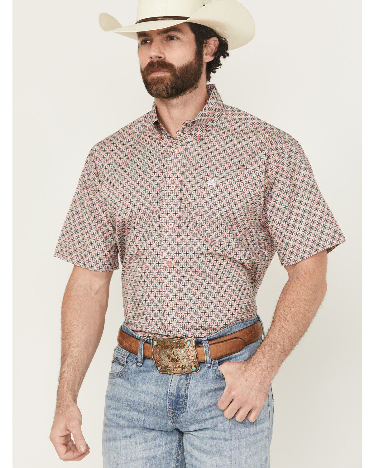 Image #1 - Cinch Men's Floral Geo Print Short Sleeve Button-Down Western Shirt, Pink, hi-res