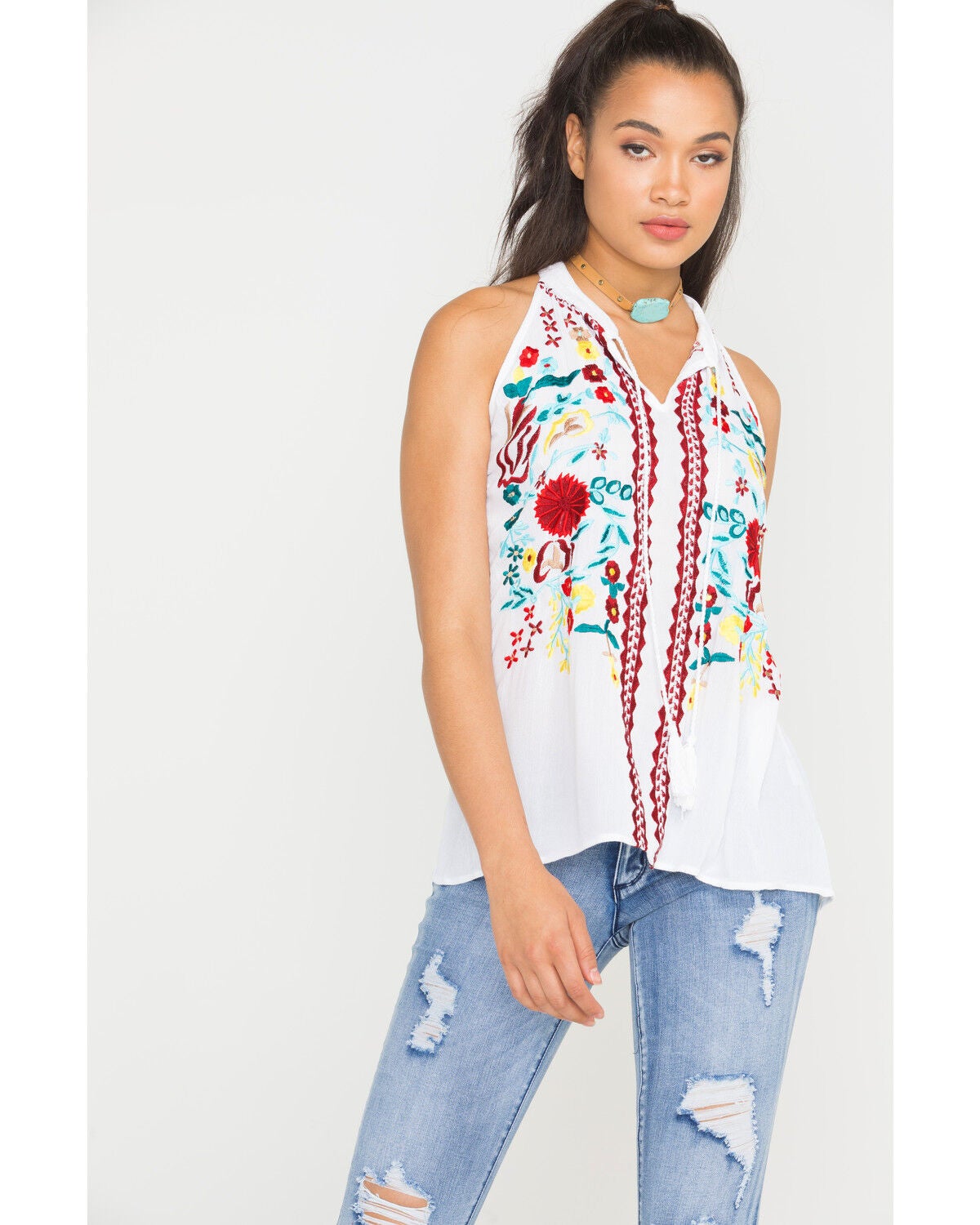 Scully Women's Honey Creek Embroidered Tassel Tank, White, hi-res