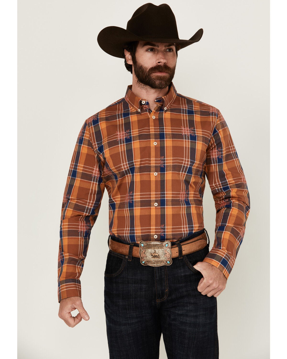 Image #1 - Cody James Men's Dobby Plaid Print Long Sleeve Button-Down Stretch Western Shirt, Blue, hi-res