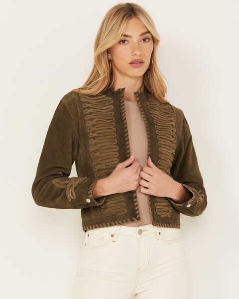 Understated Leather Women's Suede Duel Military Jacket , Olive, hi-res