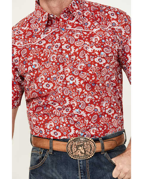 Image #3 - Cowboy Hardware Men's Boot Barn Exclusive Paisley Print Short Sleeve Pearl Snap Western Shirt, Red, hi-res