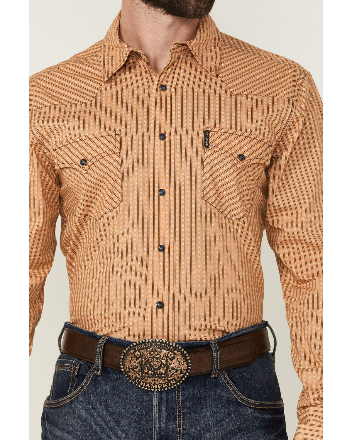 Image #3 - Cinch Men's Geo Striped Print Modern Fit Long Sleeve Snap Western Shirt, Gold, hi-res