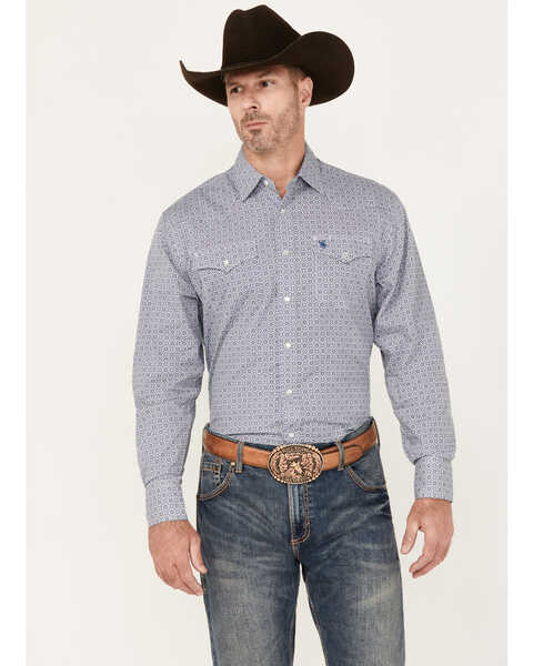 Rodeo Clothing Men's Medallion Print Long Sleeve Pearl Snap Western Shirt, Blue, hi-res