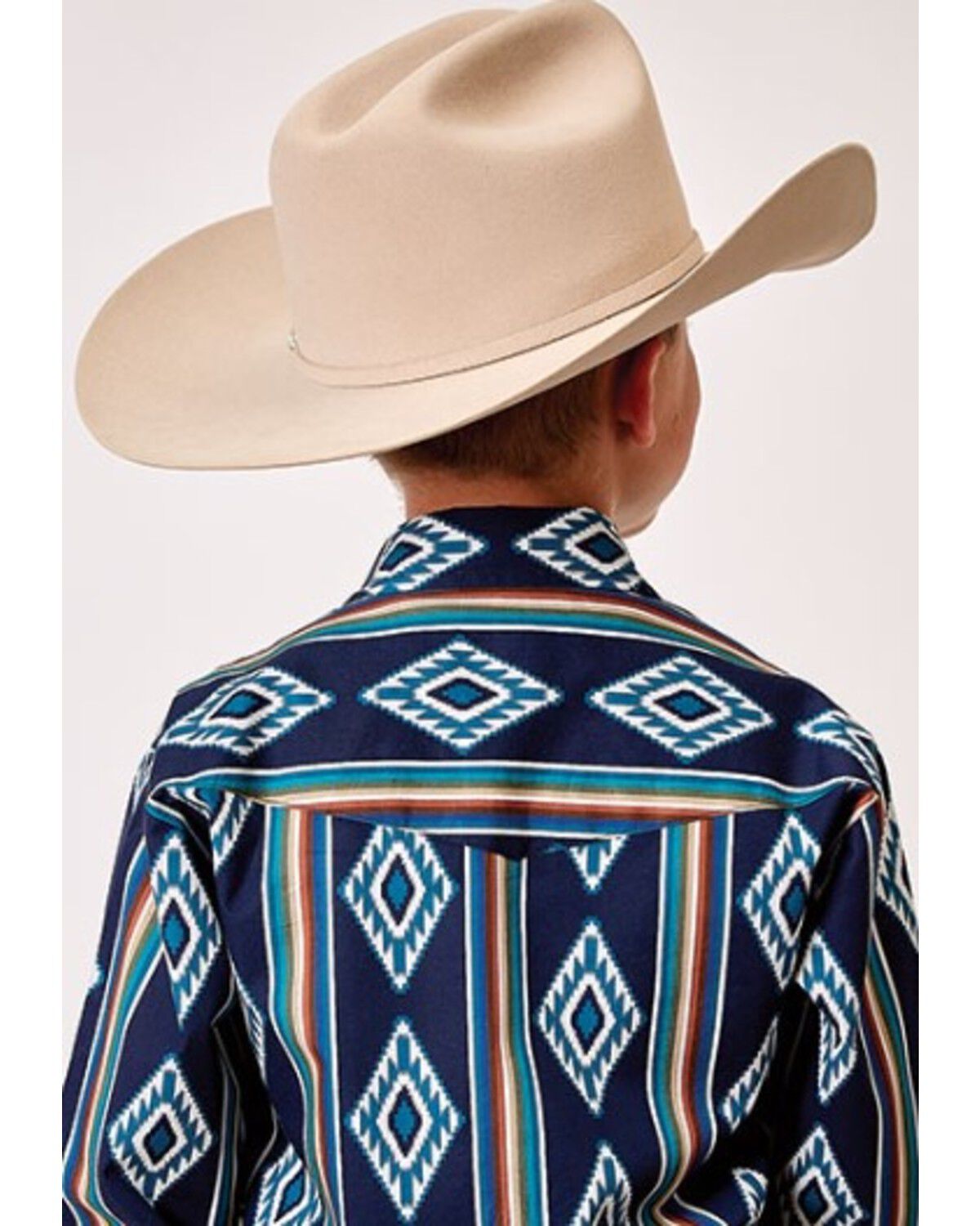 Image #2 - Roper Boys' Southwestern Striped Long Sleeve Snap Western Shirt, Navy, hi-res