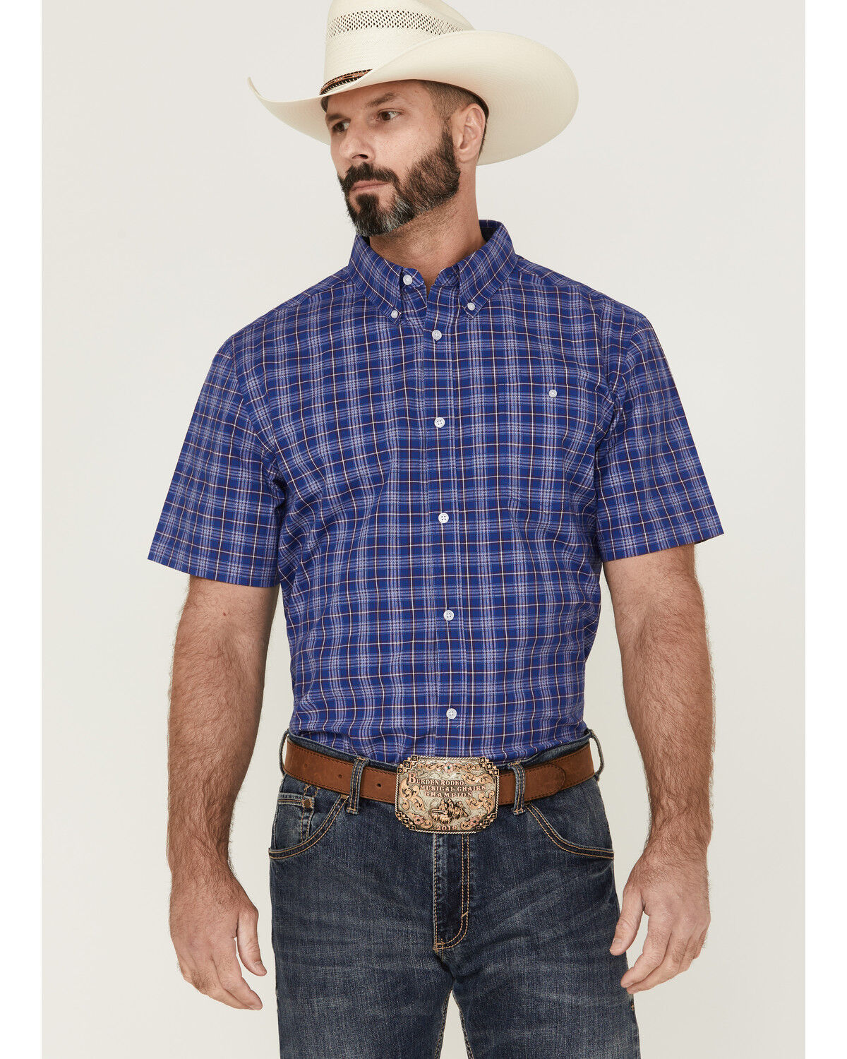 Image #1 - RANK 45® Men's Charge Small Plaid Print Button-Down Western Shirt, Blue, hi-res
