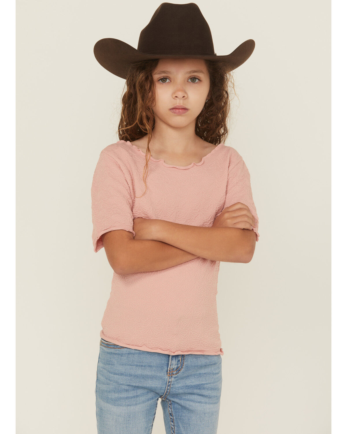 Image #1 - Fornia Girls' Solid Lettuce Edge Short Sleeve Top, Pink, hi-res