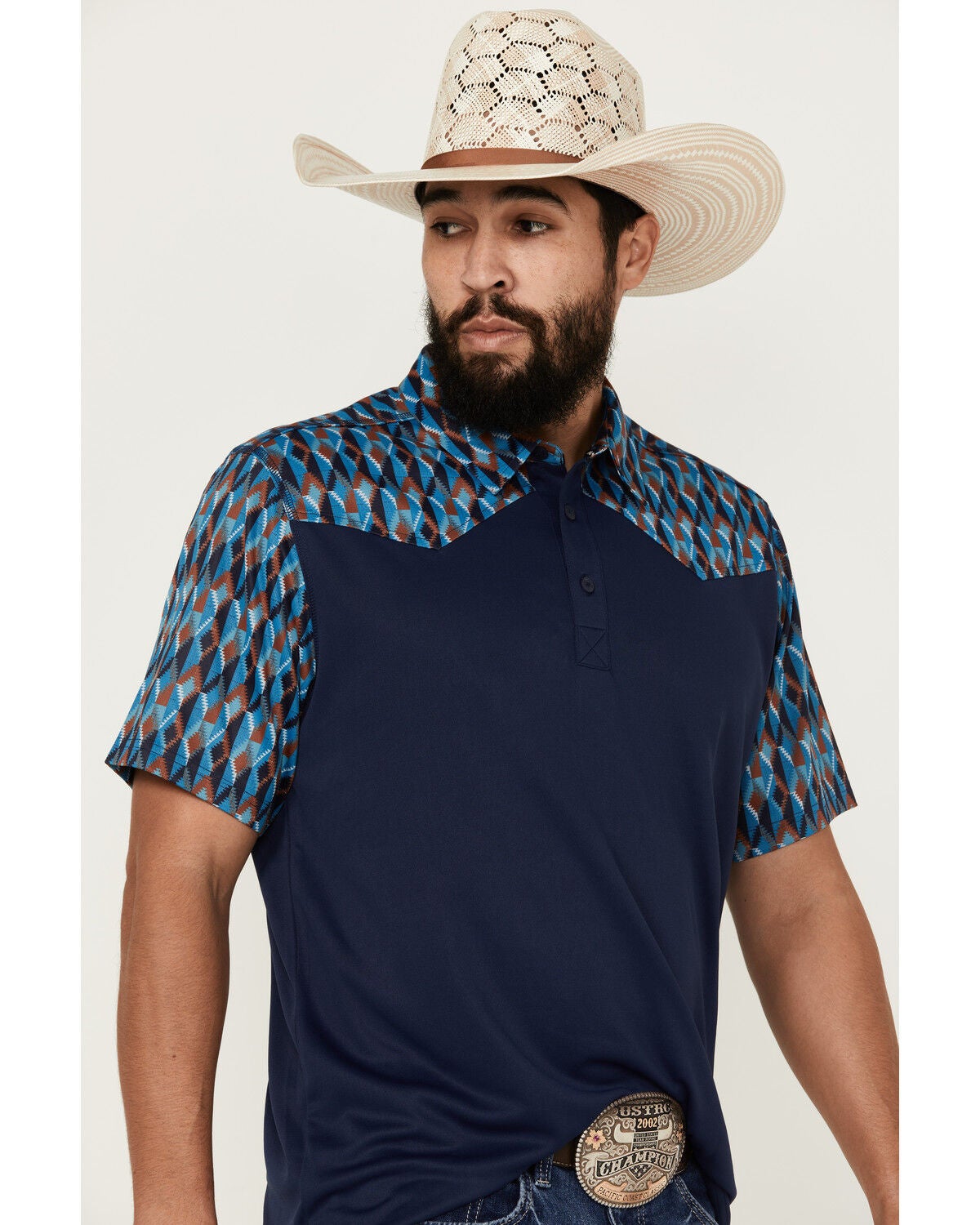 Image #2 - RANK 45&reg; Men's Denton Color Block Short Sleeve Button-Down Polo Shirt, Dark Blue, hi-res