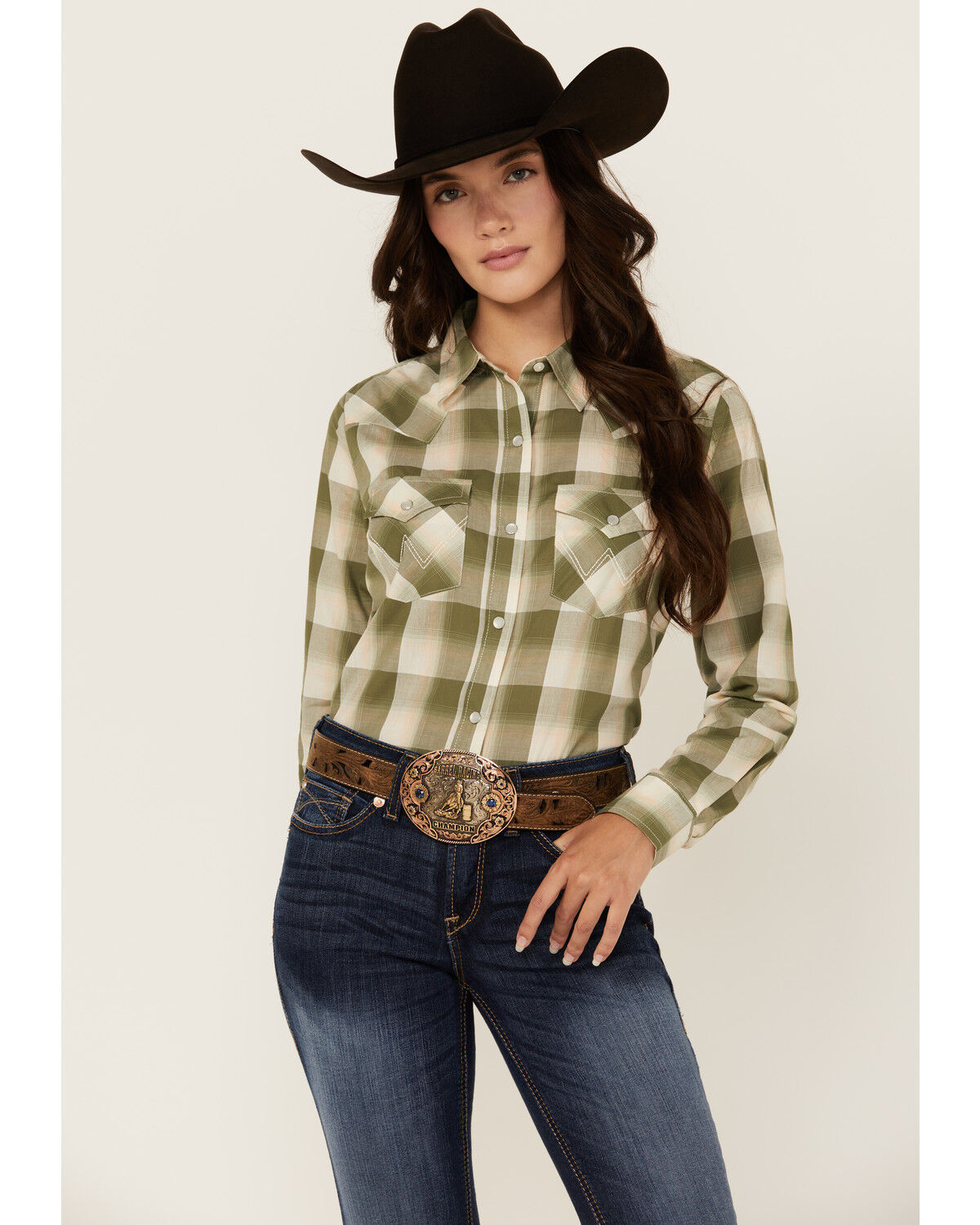 Image #1 - Wrangler Retro Women's Plaid Print Long Sleeve Pearl Snap Western Shirt, Green, hi-res