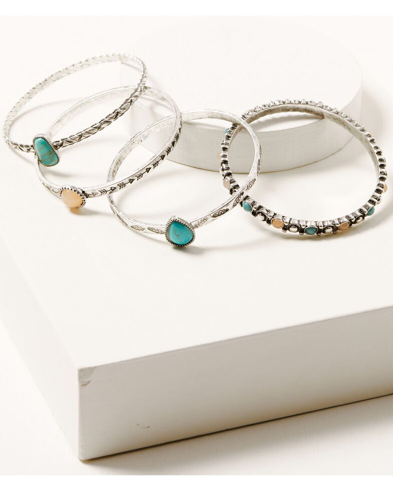 Shyanne Women's 4-piece Silver Turquoise & Peach Moonstone Bangle Bracelet Set, Silver, hi-res