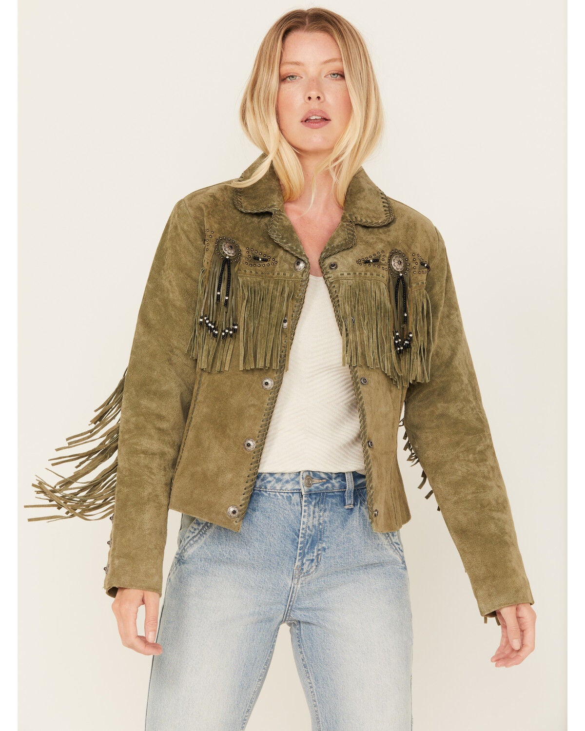 Scully Women's Fringe and Beaded Jacket, Olive, hi-res