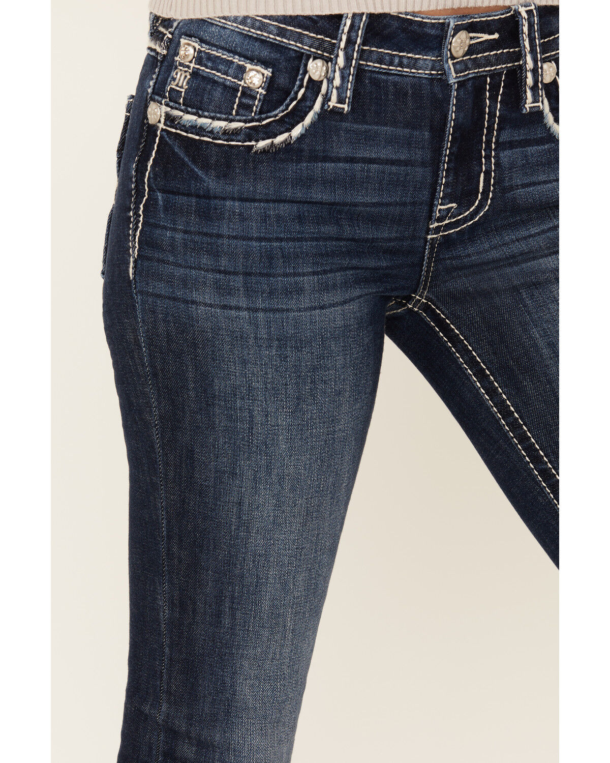 Image #4 - Miss Me Women's Dark Wash Mid Rise Border Pocket Bootcut Stretch Denim Jeans, Dark Wash, hi-res