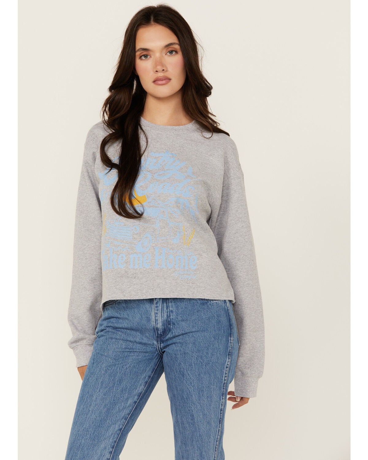 Bohemian Cowgirl Women's Country Road Cropped Sweatshirt, Grey, hi-res