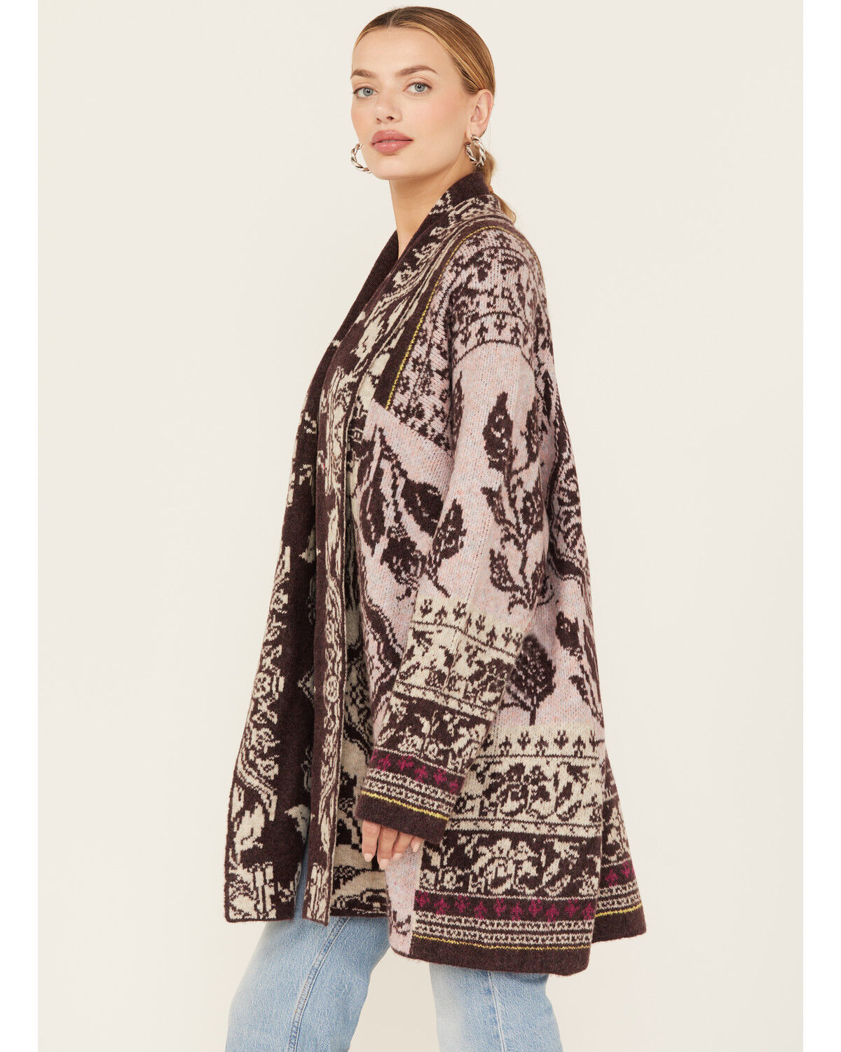 Image #2 - Room 34 Women's Floral Print Jacquard Cardigan, Pink, hi-res