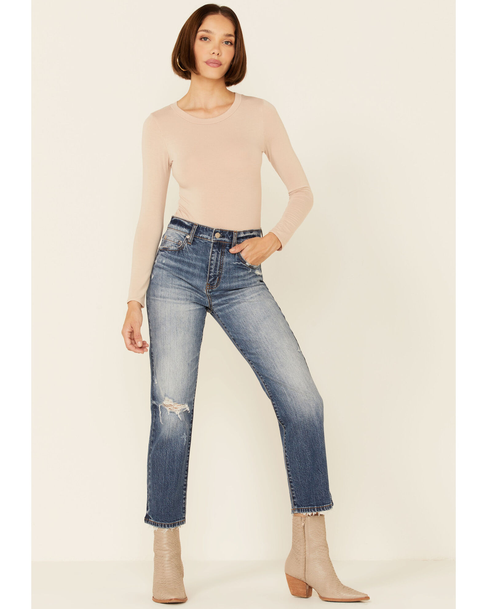 Image #1 - Daze Women's Medium Wash Slim Straight Leg Ankle Jeans, Medium Blue, hi-res
