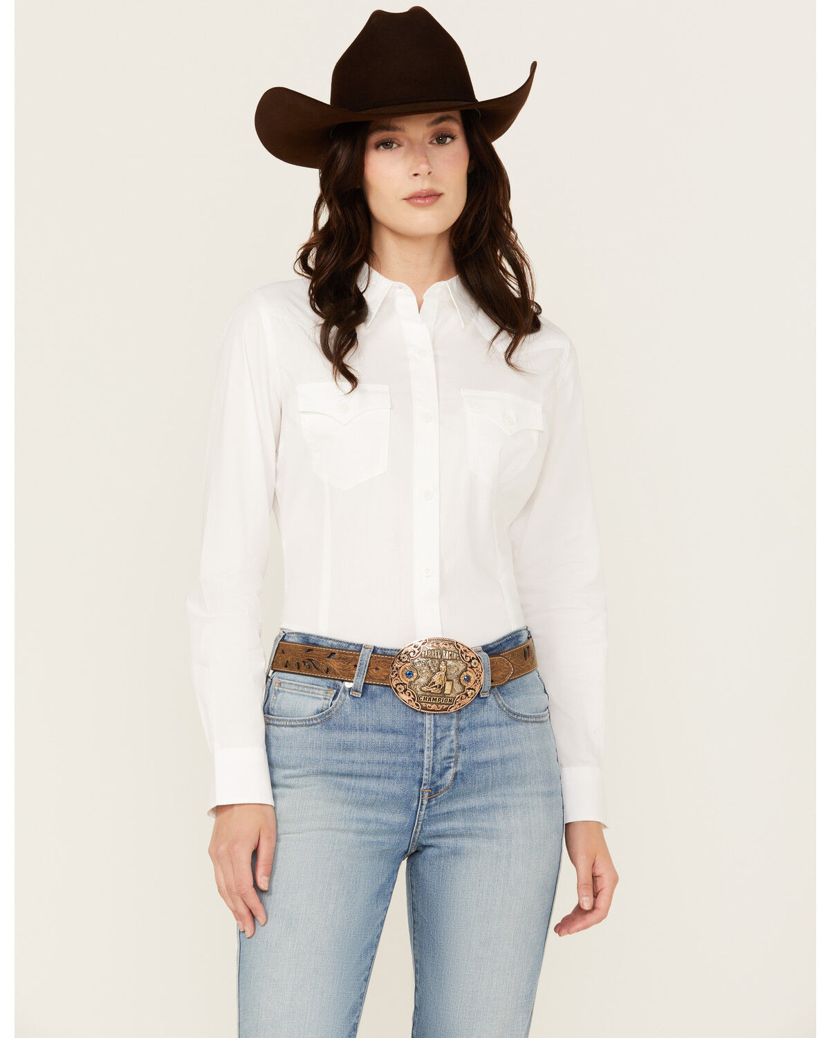 Image #1 - Wrangler Retro Women's Solid Long Sleeve Button-Down Stretch Western Shirt, White, hi-res