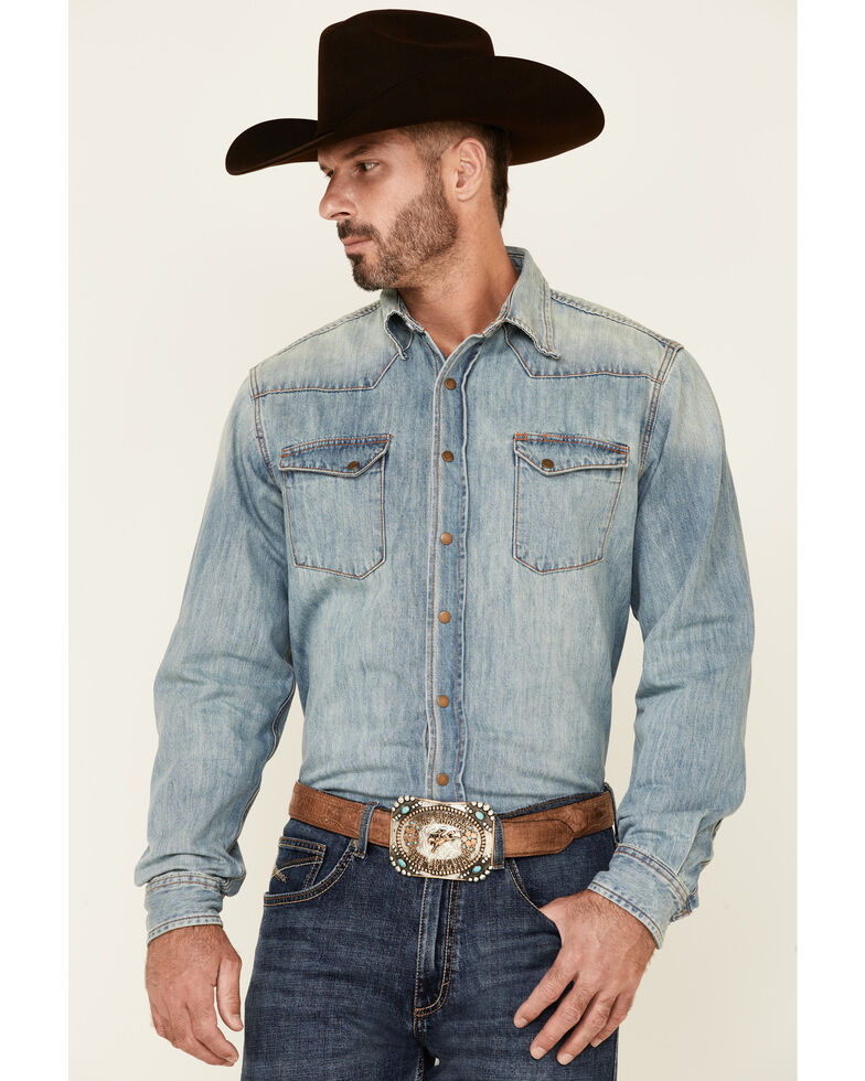 Tin Haul Men's Light Wash Denim Long Sleeve Snap Western Shirt , Blue, hi-res