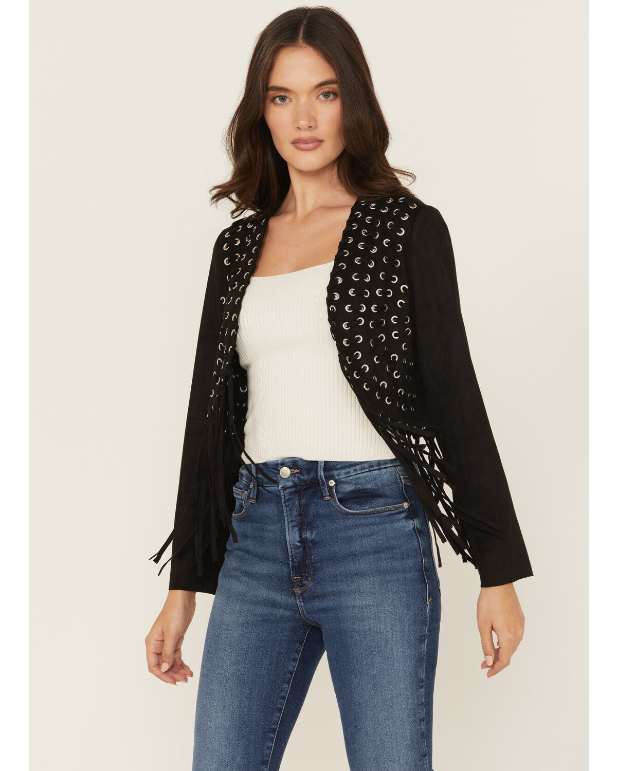 Image #1 - Vocal Women's Fringe Cropped Jacket, Black, hi-res