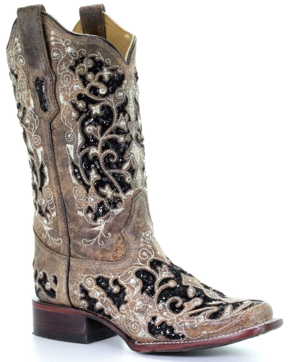 Womens Brown Gold Heart Sequins Leather Wear Cowgirl Boots Pointed Toe 
