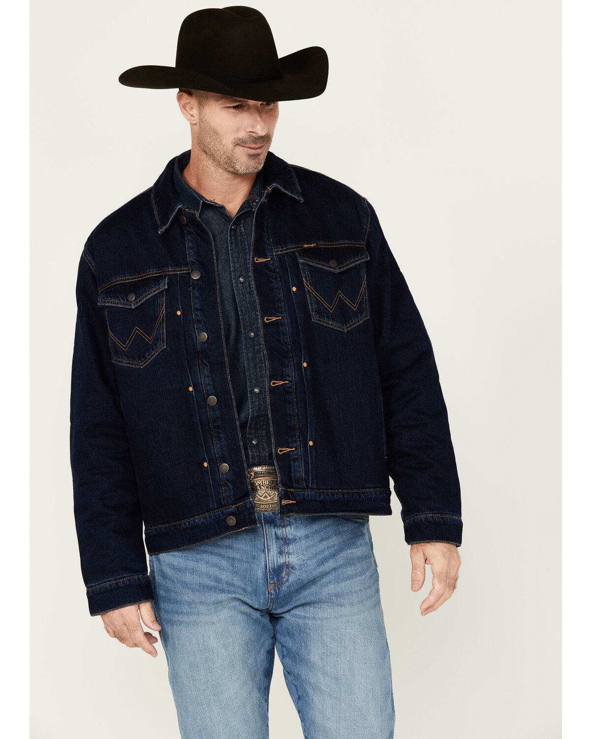 Image #1 - Wrangler Men's Vintage Sherpa Lined Trucker Jacket, Dark Blue, hi-res