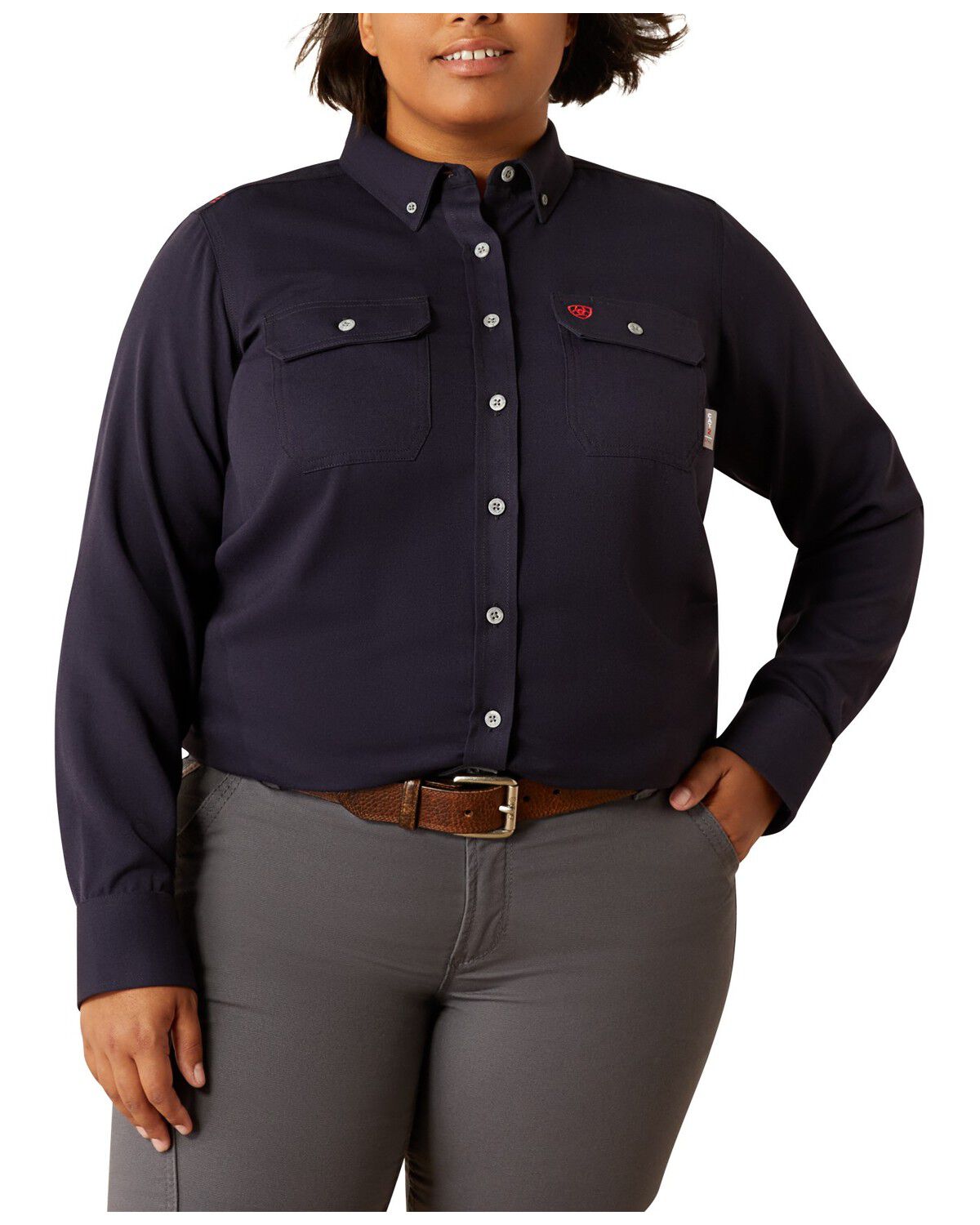 Ariat Women's FR Inherent Long Sleeve Button-Down Work Shirt - Plus, Navy, hi-res